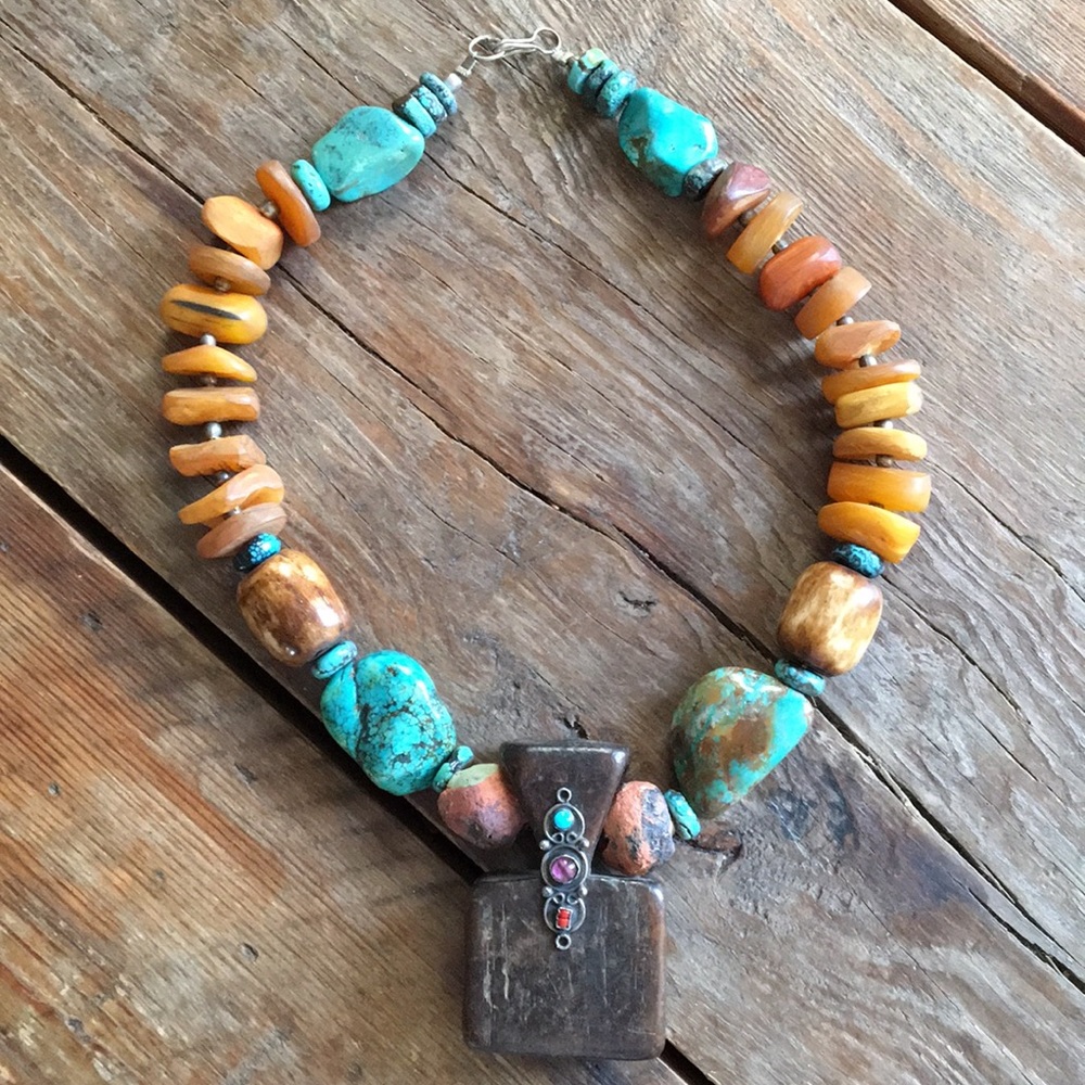 Unique Turquoise /Amber Necklace & wooden amulet
